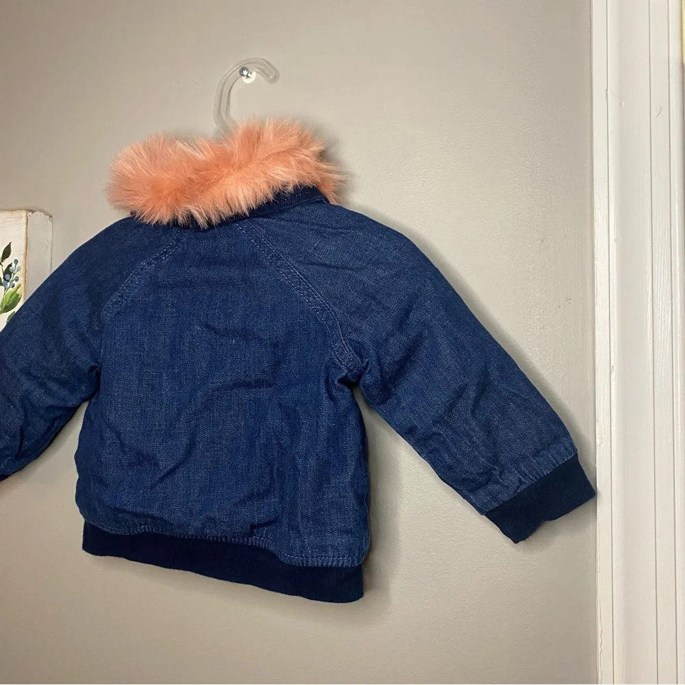 Gymboree Baby Girl Jean Jacket Lined Coat With Removable Pink Fur Collar 6-12M